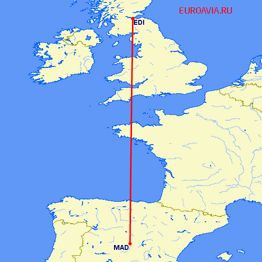 перелет Мадрид — Эдинбург на карте