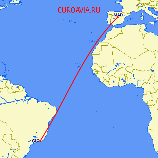 перелет Мадрид — Рио-де-Жанейро на карте