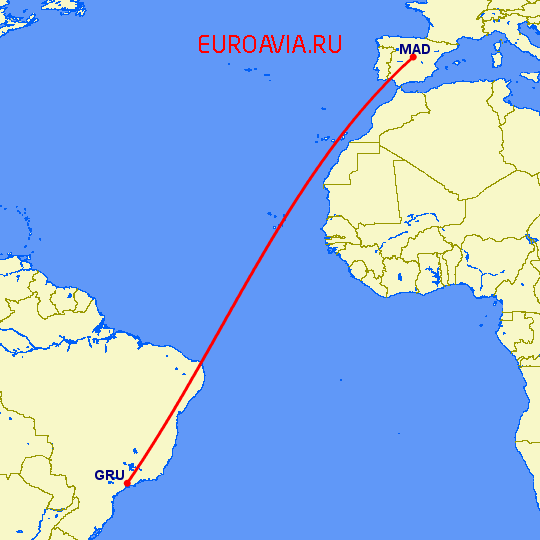 перелет Мадрид — Сан Паулу на карте