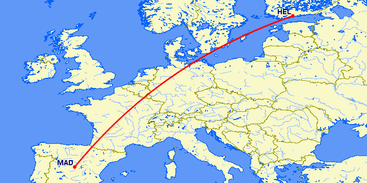 перелет Мадрид — Хельсинки на карте
