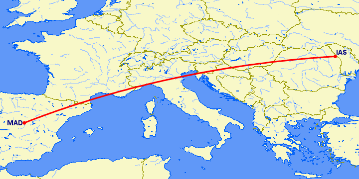перелет Мадрид — Иаси на карте
