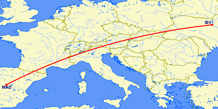 перелет Мадрид — Киев на карте