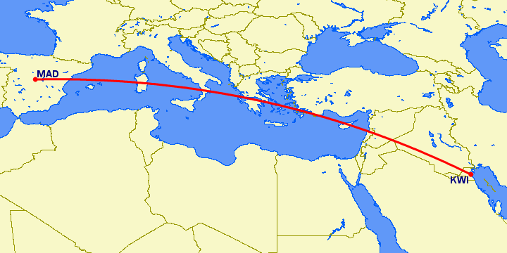 перелет Мадрид — Кувейт на карте