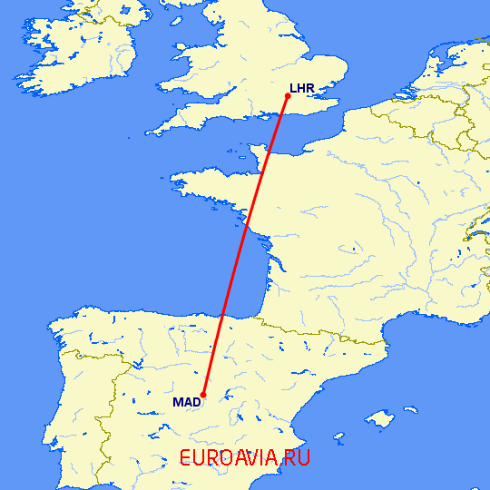 перелет Мадрид — Лондон на карте