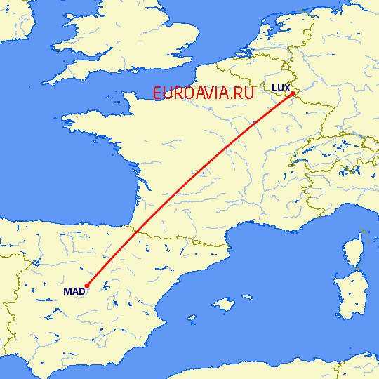 перелет Мадрид — Люксембург на карте