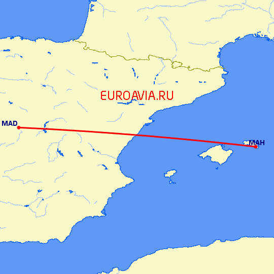 перелет Мадрид — Менорка на карте