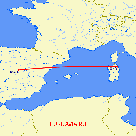 перелет Мадрид — Costa Smeralda на карте