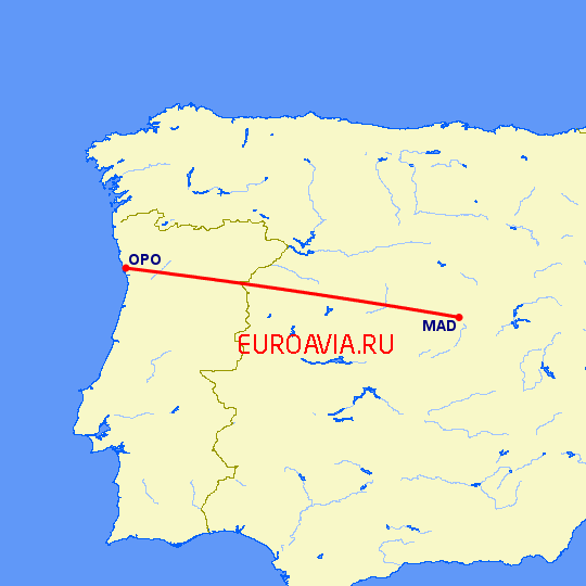 перелет Мадрид — Порту на карте