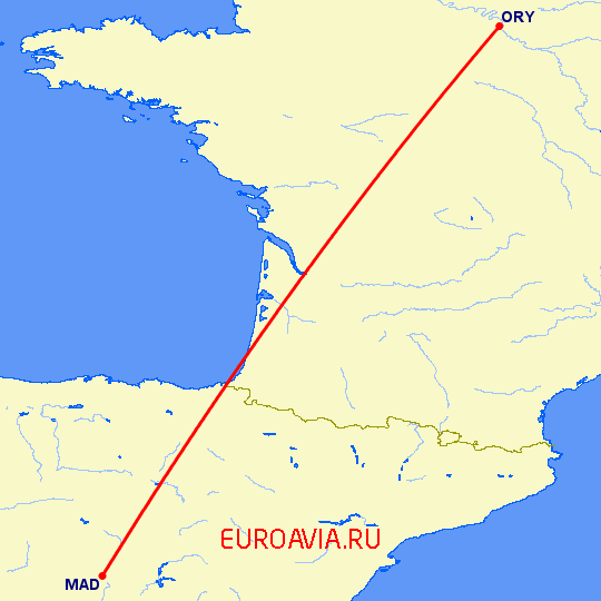 перелет Мадрид — Париж на карте