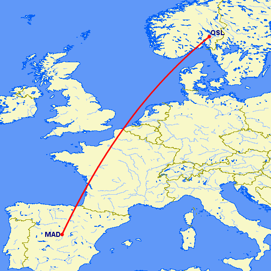 перелет Мадрид — Осло на карте