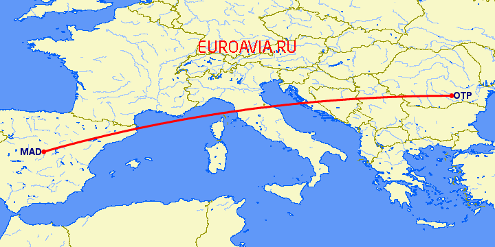 перелет Мадрид — Бухарест на карте