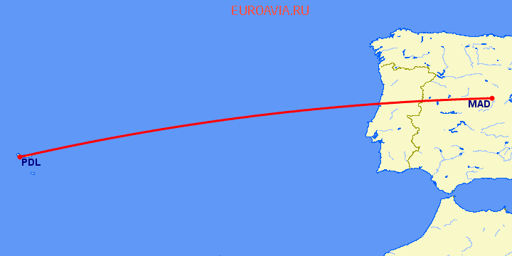 перелет Мадрид — Ponta Delgada на карте