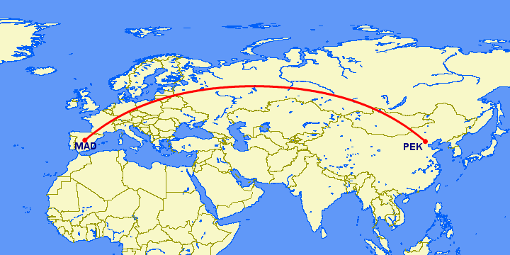 перелет Мадрид — Пекин на карте