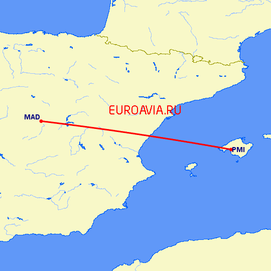 перелет Мадрид — Пальма де Майорка на карте