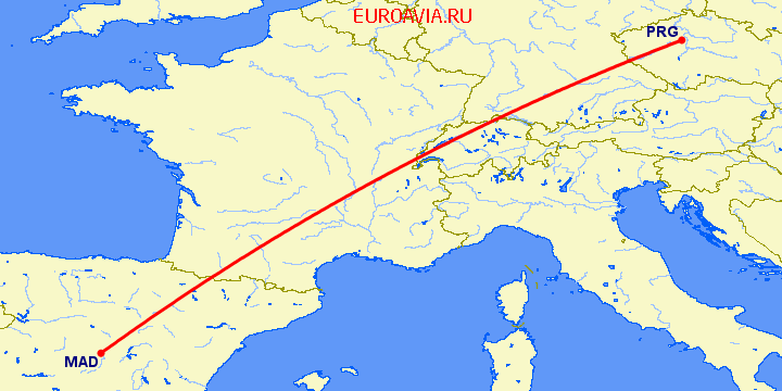 перелет Мадрид — Прага на карте