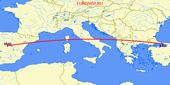 перелет Мадрид — Стамбул на карте