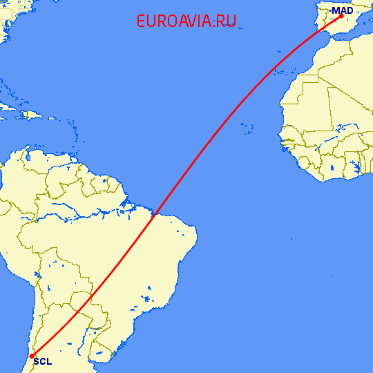 перелет Мадрид — Сантьяго на карте