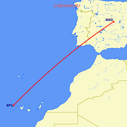 перелет Мадрид — Санта Крус де Ла Пальма на карте