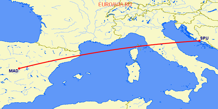 перелет Мадрид — Сплит на карте