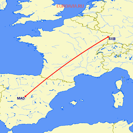 перелет Мадрид — Страсбург на карте