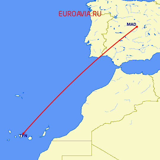 перелет Мадрид — Тенерифе на карте