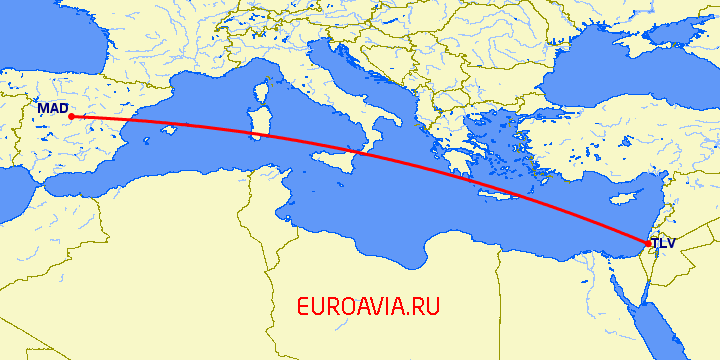 перелет Мадрид — Тель Авив на карте