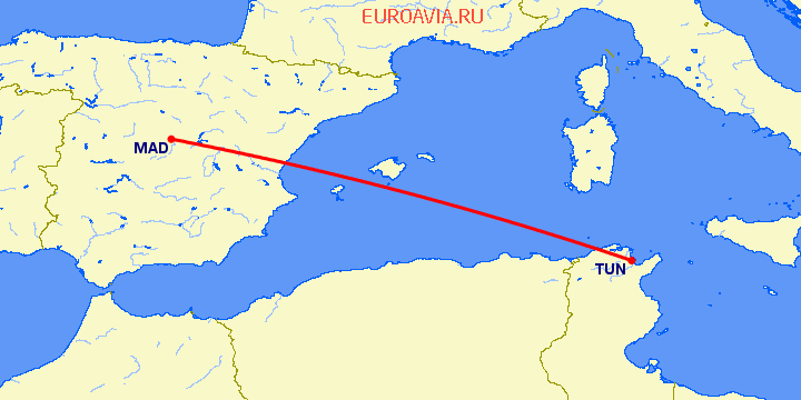 перелет Мадрид — Тунис на карте