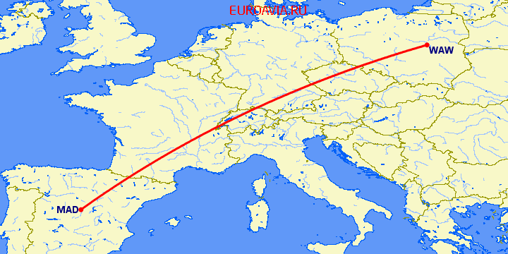 перелет Мадрид — Варшава на карте