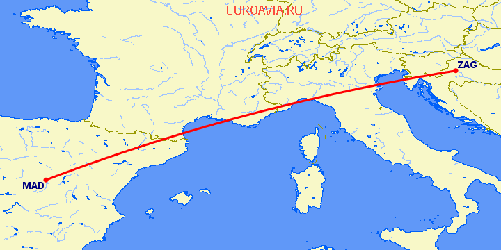 перелет Мадрид — Загреб на карте