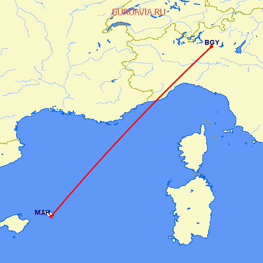перелет Менорка — Бергамо на карте