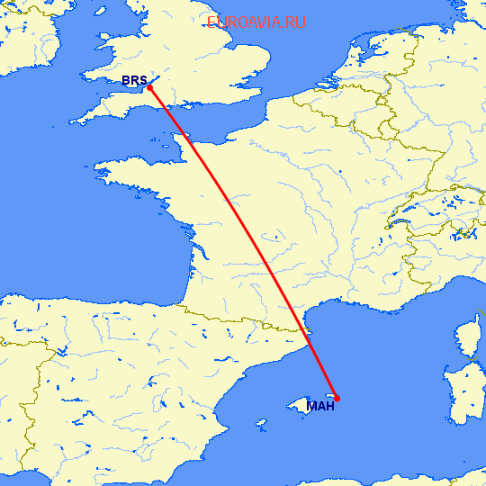 перелет Менорка — Бристоль на карте