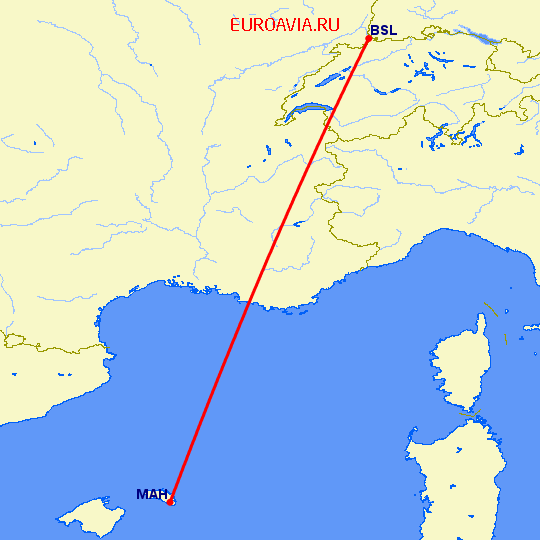 перелет Менорка — Базель-Мюлуз на карте