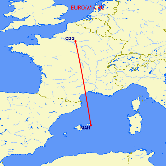 перелет Менорка — Париж на карте