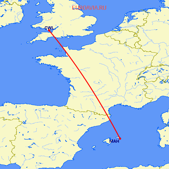 перелет Менорка — Кардифф на карте