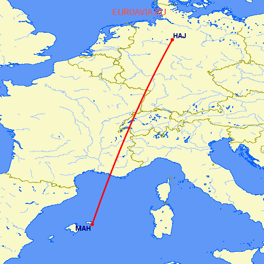перелет Менорка — Ганновер на карте