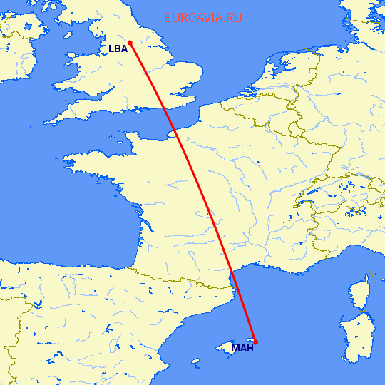перелет Менорка — Лидс на карте