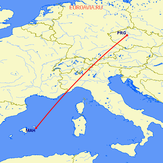 перелет Менорка — Прага на карте