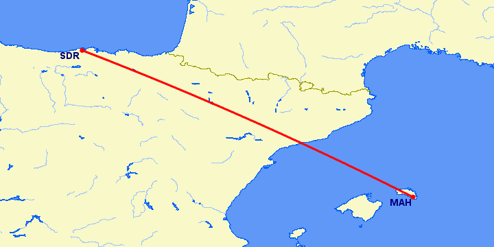 перелет Менорка — Сантандер на карте
