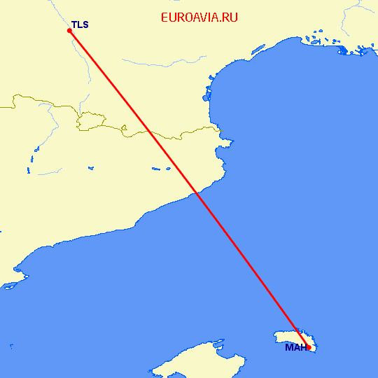 перелет Менорка — Тулуза на карте