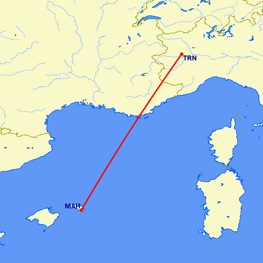 перелет Менорка — Турин на карте
