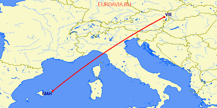 перелет Менорка — Вена на карте
