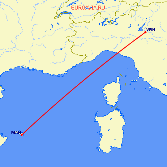 перелет Менорка — Верона на карте