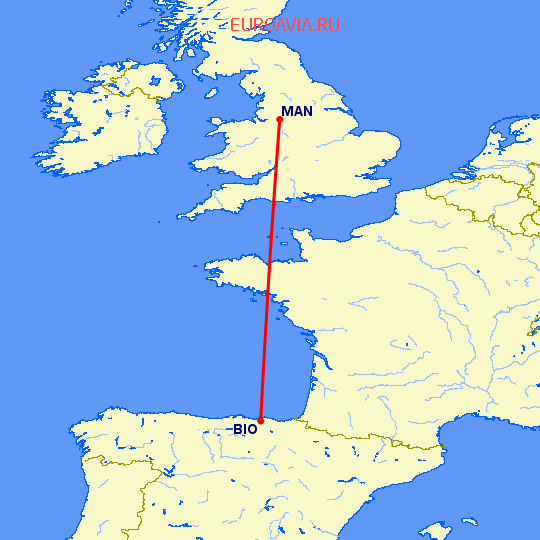 перелет Манчестер — Бильбао на карте