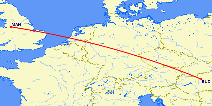 перелет Манчестер — Будапешт на карте