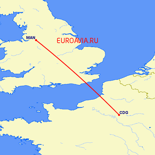 перелет Манчестер — Париж на карте