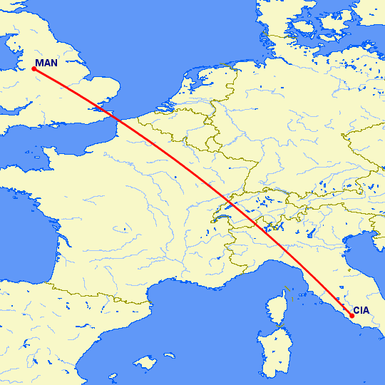 перелет Манчестер — Рим на карте