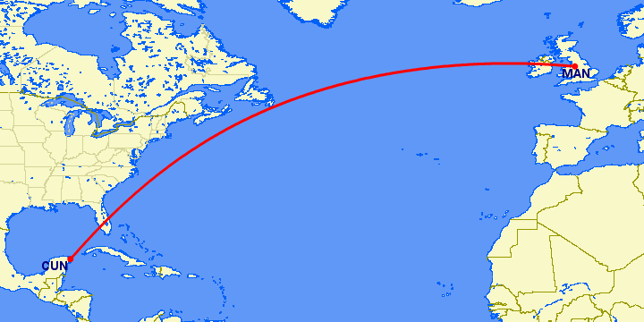 перелет Манчестер — Канкун на карте