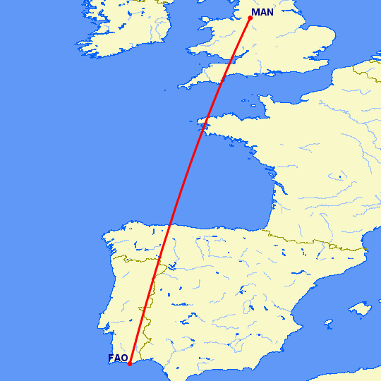 перелет Манчестер — Фару на карте
