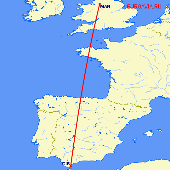 перелет Манчестер — Гибралтар на карте
