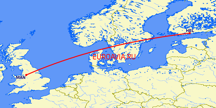 перелет Манчестер — Хельсинки на карте
